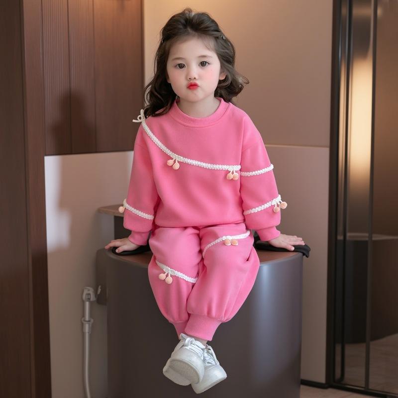 子供用セットアップ 春秋 女の子 トレーナー パンツ 上下 2点セット 花柄レース 伸縮性 かわいい ピンク系