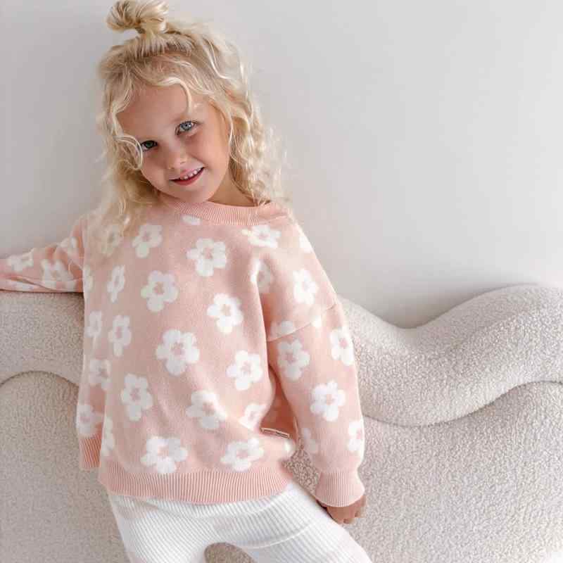 ニット・セーター 女児 ベビー・キッズ 子供服 綿100% 長袖 プルオーバー 丸首 花柄 ピンク系 秋冬