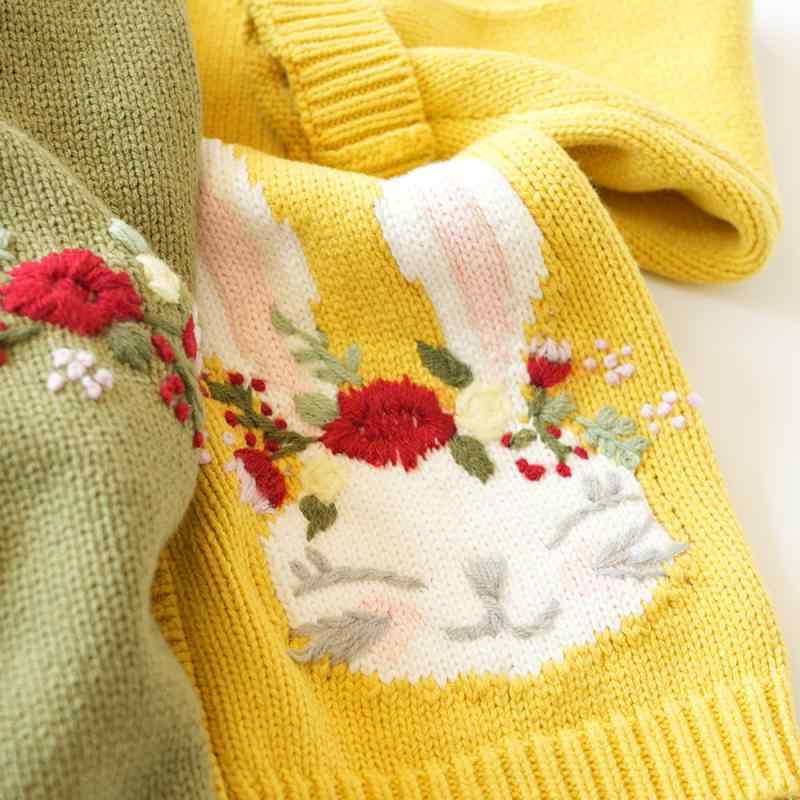 ニット・セーター キッズ 女の子 カーディガン 刺繍 ウサギ 花柄 アウター ベビー服 長袖 コットン混紡 丸首 春秋 冬 イエロー グリーン