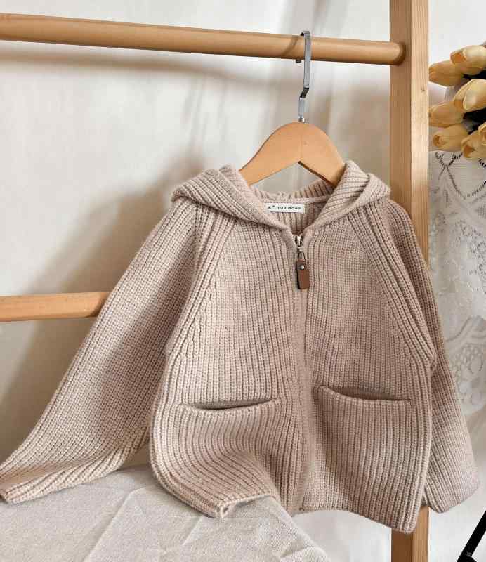 子供服 ニット カーディガン 女の子 長袖 フード付き 無地 春秋冬 セーター トップス アウター ベージュ レッド