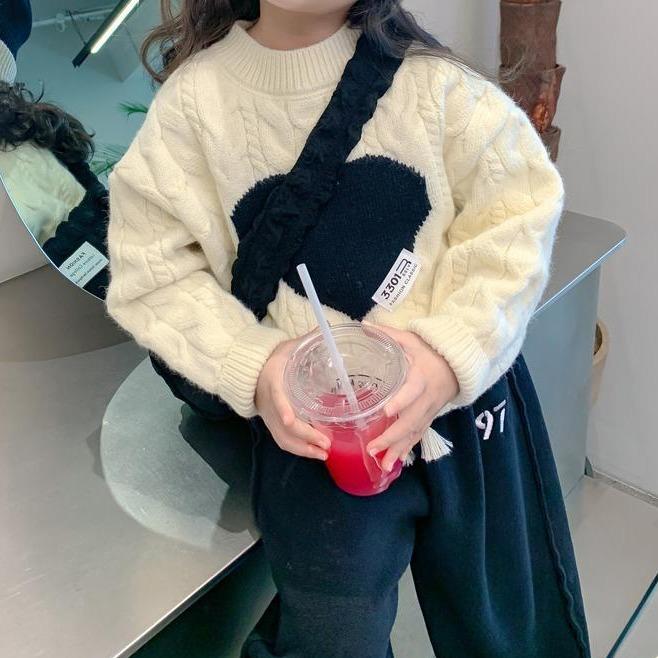 ニット・セーター 女の子 子供服 トップス 韓国風 春秋 ハート柄 長袖 丸首 普段着 ピンク ベージュ ブラウン系