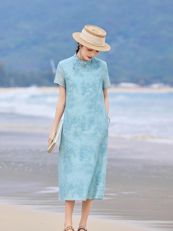 ワンピース レディース ?麻 刺繍 半袖 チャイナドレス風 ミモレ丈ワンピース 立襟 水色 文芸風 レトロ|シャドーテール