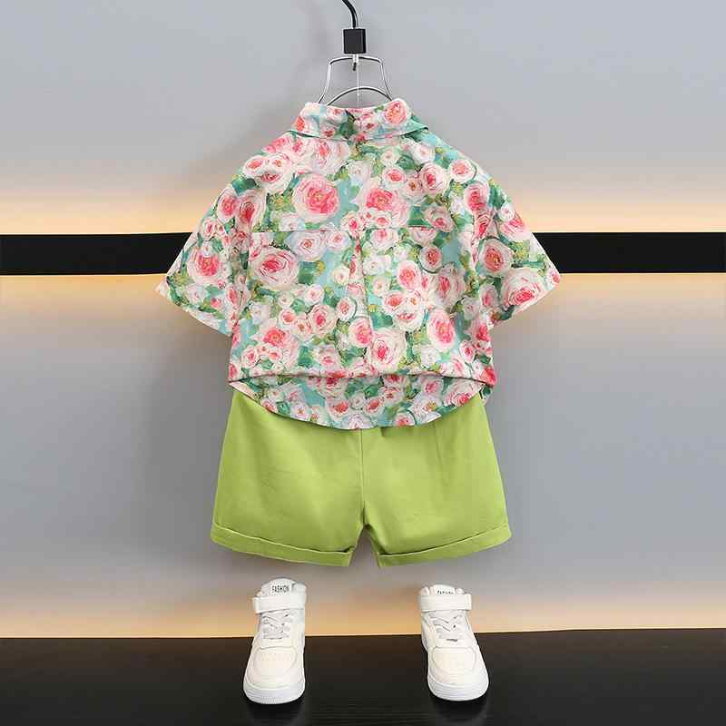 子供用シャツ パンツ セットアップ 半袖 短パン 3点セット 男の子 夏服 薄手 花柄 かわいい 韓国風 普段着