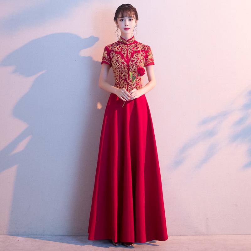 チャイナドレス レディース 酒紅色 ロングドレス ポリエステル アジアンテイスト 結婚式 パーティー 二次会 お呼ばれ 高腰 エレガント