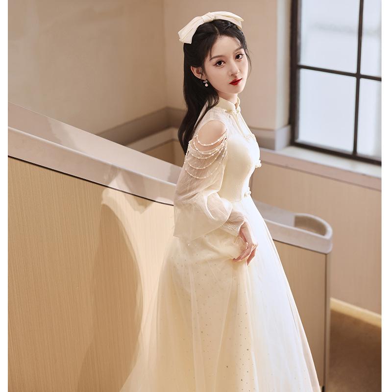 パーティードレス レディース シャンパンゴールド ロングドレス シースルー袖 Aライン ポリエステル チュール 結婚式 披露宴 発表会 立襟 フォーマルドレス イブニングドレス