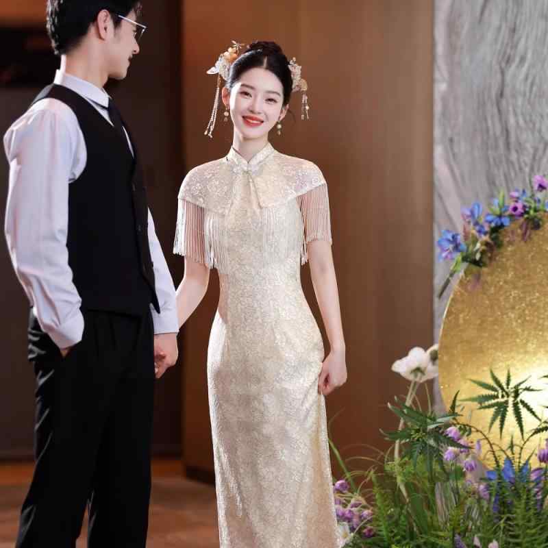 チャイナドレス レディース シャンパンゴールド 結婚式 披露宴 パーティー ドレス イブニングドレス 礼服 礼装 フォーマル 高腰 ポリエステル 無袖 ロングドレス|シャドーテール