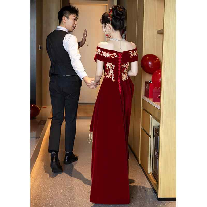 チャイナドレス レディース 春 赤色 結婚式 パーティードレス 演奏会 ロング 高腰 発表会 ノースリーブ ポリエステル 公主袖|シャドーテール