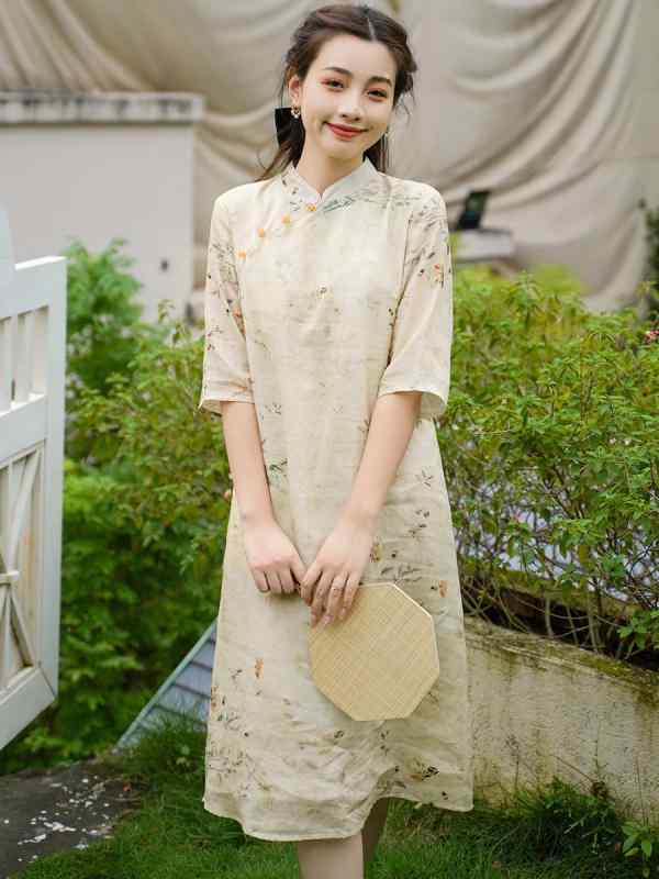 ワンピース レディース 中華風 麻 リネン プリント 改良型 チャイナドレス ミモレ丈 ゆったり 立襟 5分袖 春夏 レトロ 枯葉蝶