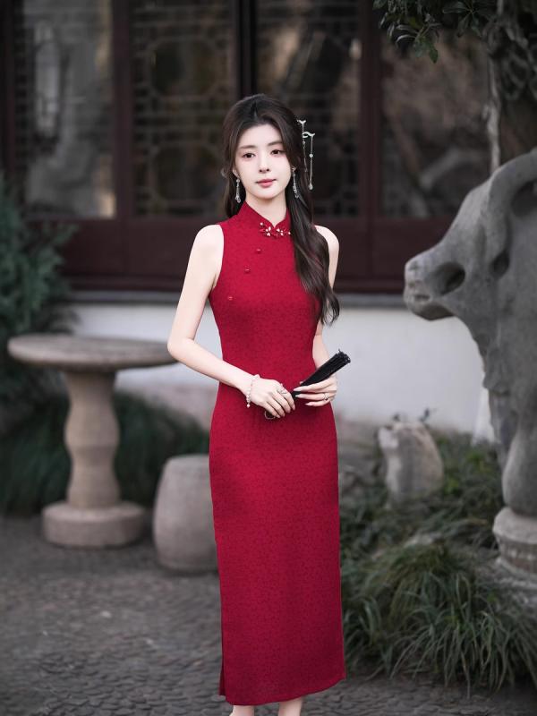 瀬戸ものお召しもの レディース 旗袍 ロング 寄り合い 婚礼の儀 敬酒お召しもの 赤 ポリエステル 無袖 立襟 ご機嫌酉の方角 細長い切口 中国風 読みもの返り咲き ドレス-レディースファッション