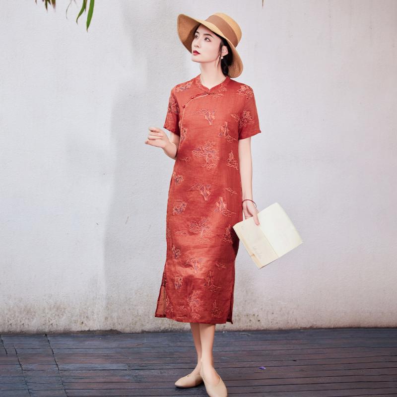 ワンピース レディース チャイナドレス 春夏 ?麻 刺繍 立襟 マキシ丈ワンピース 刺しゅう エスニック 民族衣装 リネン Aライン ゆったり 中国風 チャイナ風 イベント|シャドーテール