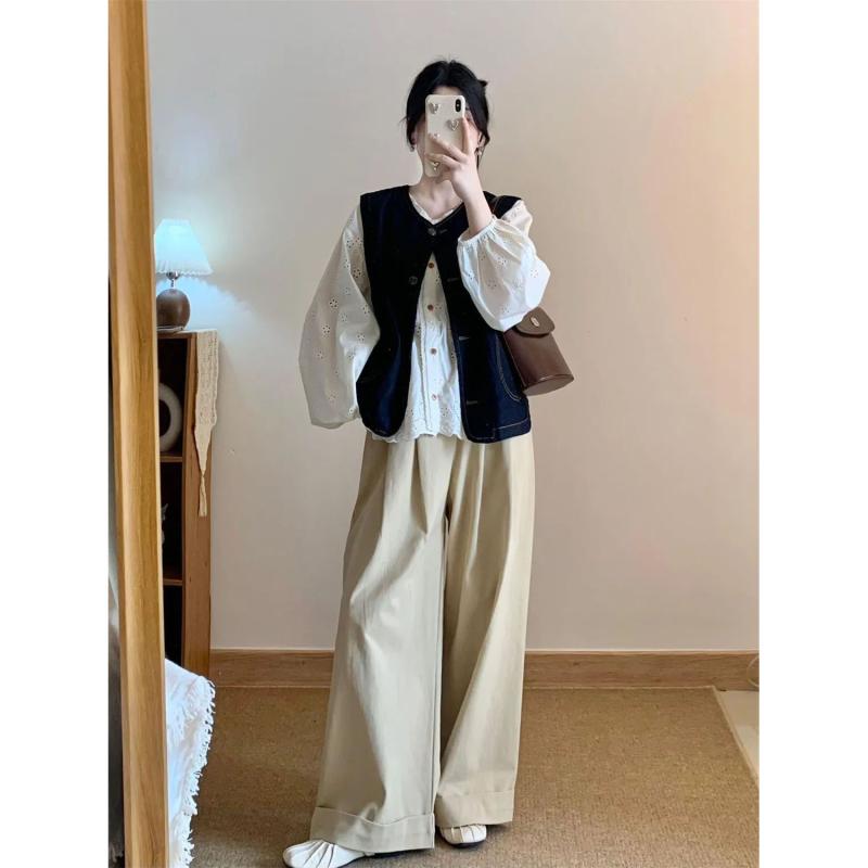 セットアップ レディース デニム カーディガン ベスト 白シャツ ワイドパンツ ポリエステル 韓国風 レトロ かわいい ガーリー フェミニン S M L XL