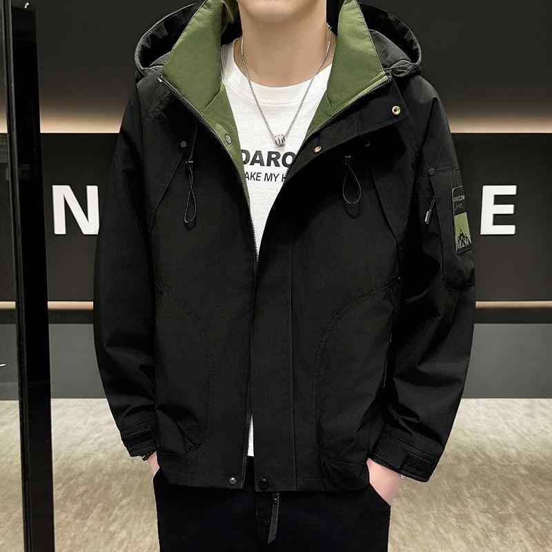 ジャケット メンズ 春秋 ライトアウター フード付き ブルゾン ジャンパー 男性用 カジュアル カーキ ブラック 黒 ミリタリーグリーン