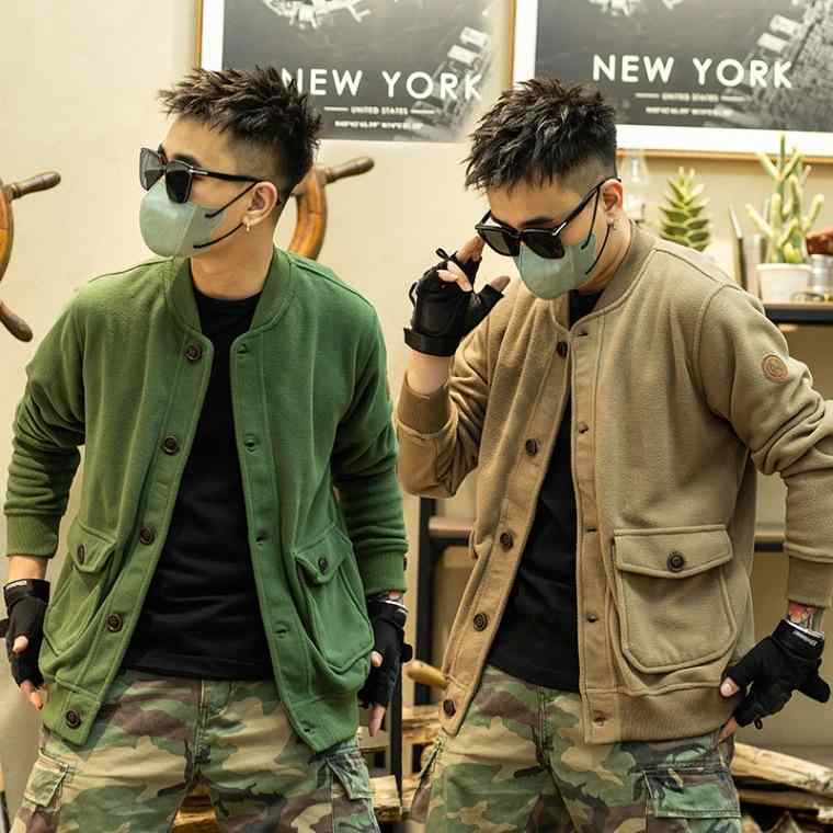 ジャケット メンズ 男性用 レトロ アメカジ ブルゾン 無地 野球 ウォームフリース カジュアル アウター 緑 グリーン ブラウン ブラック ポリエステル 耐摩耗 長袖 秋冬