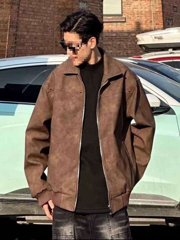ジャケット メンズ 男性用 PUレザー アメリカン レトロ リベット スタッズ 襟付き 野球服 ミラードカラー ブルゾン アウター 春秋 普段使い 通気性 耐摩耗性 伸縮性 ブラウン グレー