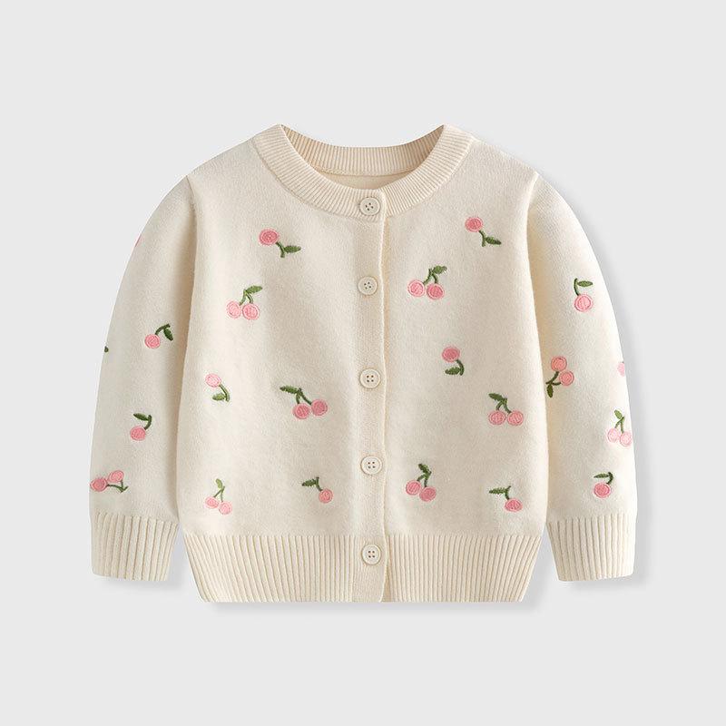 子供服 カーディガン 女の子 薄手 ニット コットン100% 長袖 ラウンドネック 無地 春秋 90cm 杏色 かわいい 普段着