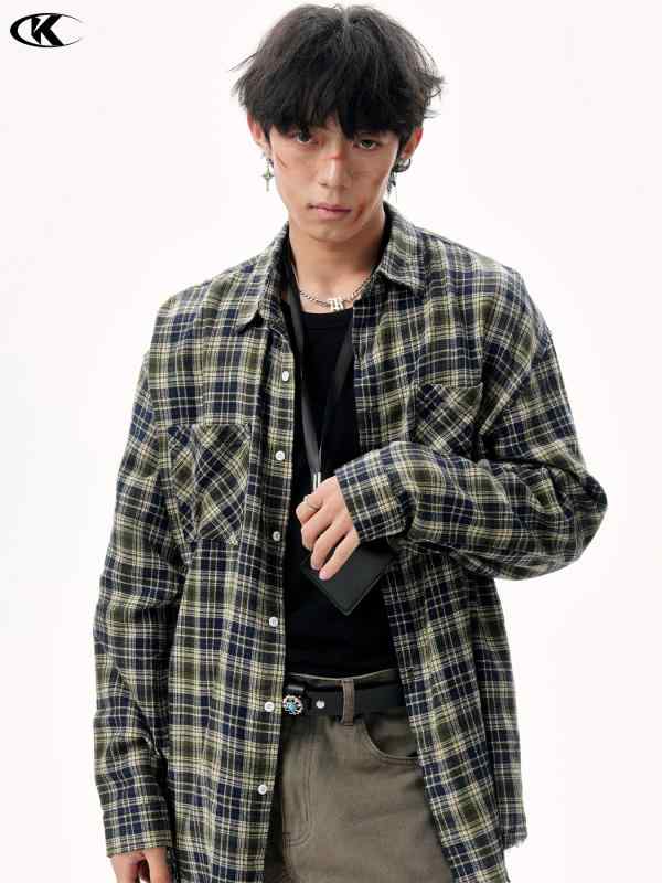 シャツ メンズ ネルシャツ 長袖 コットンブレンド タータンチェック柄 藍? 格子柄 トップス ?松 美式?古 春秋