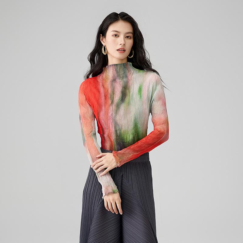 Tシャツ レディース 春物 長袖 絞り染め プリント スリム Tシャツ カットソー ポリエステル プルオーバー 半高ネック トップス 韓国風 カジュアル 普段使い デイリー
