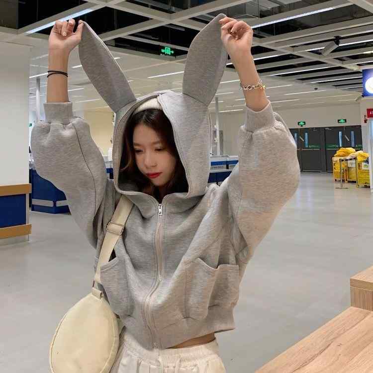 パーカー レディース 短め丈 グレー ゆったり 楽ちん ラビットイヤー フード付き ポリエステル かわいい トップス 長袖 プルオーバー 秋