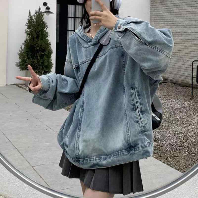 パーカー レディース 春秋 ブルゾン デニム フーディー アウター 長袖 ゆったり カットソー トップス カジュアル ストリート ウォッシュ加工 M L XL 2XL 3XL ブルー ブラック 綿