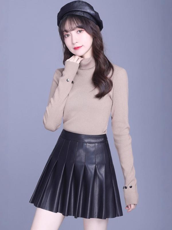 スカート レディース 春秋冬 本革 Aライン ミニスカート 羊革 プリーツスカート ハイウエスト ブラック 7号 9号 11号 13号 15号 17号 19号