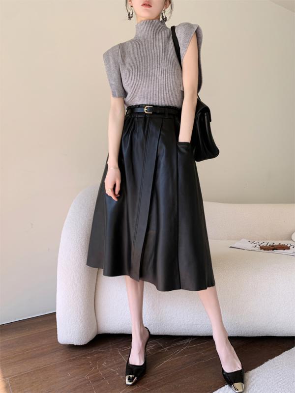 スカート レディース 羊革 本革 Aラインスカート ミモレ丈 プリーツスカート ひざ下丈 無地 ポケット付き ブラック 黒 ブラウン 茶色 秋冬 通勤 エレガント 上品