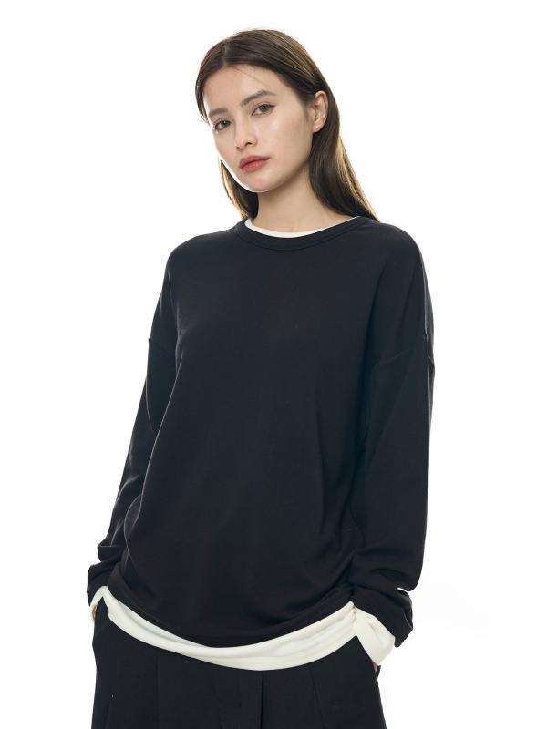 Tシャツ レディース 長袖 親肌 保温性 カットソー ドッキング風 ゆったり ラウンドネック トップス 綿 無地 カジュアル 秋冬 ブラック 浅灰緑