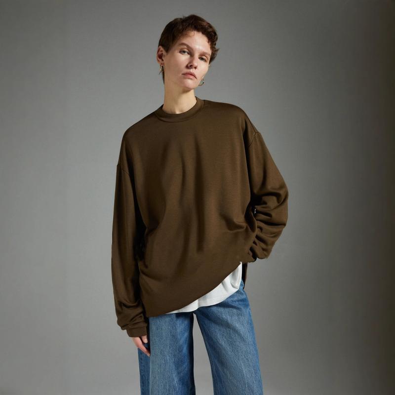 Tシャツ レディース 早春秋冬 粘・屬?? ウール混紡 長袖 ラウンドネック 普段使い 通勤 枯木グリーン