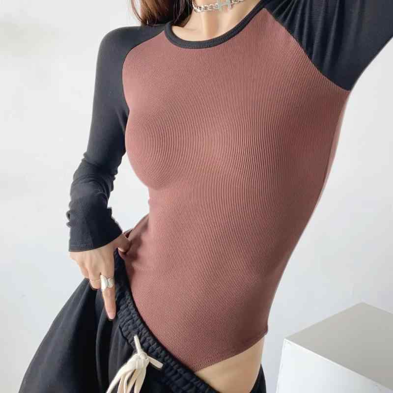 Tシャツ レディース 秋冬 磨毛 長袖 トップス 配色 切り替え カットソー スリム ショートパンツ付き 高腰 伸縮性