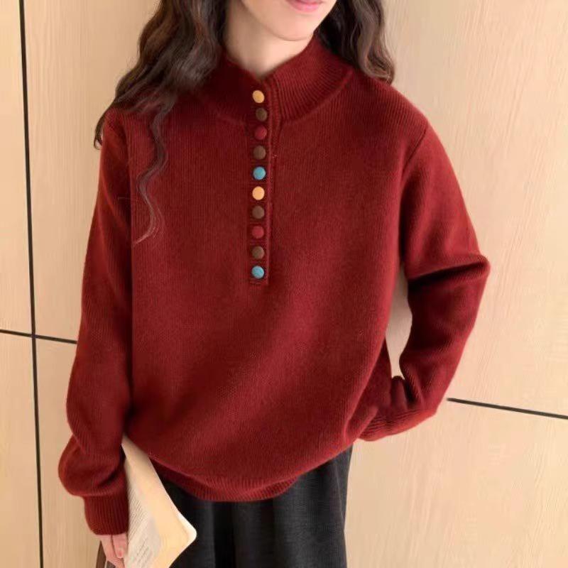 ニット レディース 大きいサイズ 高めのネックライン プルオーバー 秋冬 ゆったり リラックス 日韓風 普段使い 婦人服 トップス 長袖 3D効果 灰色 赤色 杏色