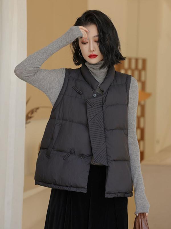 落ち込むより良い レディース 秋冬 流行り物 レトロ エスニック 90 白ダックダウン 生あたたかい ポリエステル 中綿 立襟 遊撃手丈 焦糖橘色 ベスト・ジレ-レディースファッション