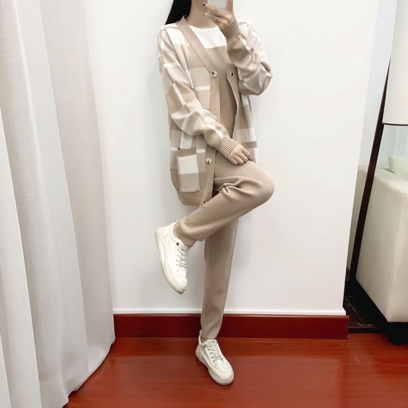 レディース セットアップ 秋冬 ニット 3点セット 切り替え 長袖 トップス ロングパンツ 粘着繊維 気質 通勤 休? 洋気 ファッション かき 黒 青 粉