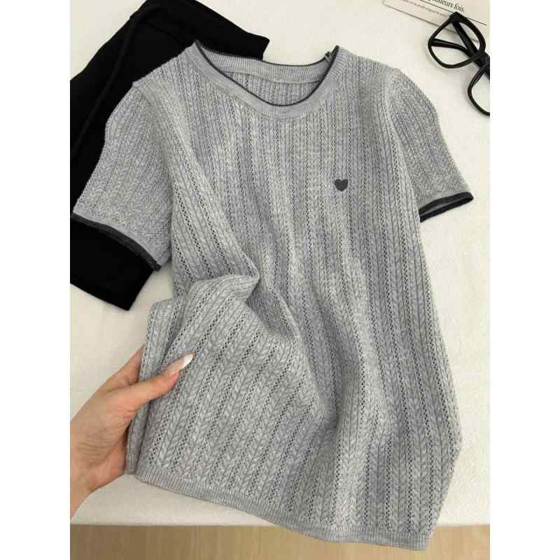 Tシャツ レディース ハート 刺繍 半袖 ラウンドネック 韓国風 プルオーバー トップス ポリエステル 撞色 カジュアル かわいい 普段使い