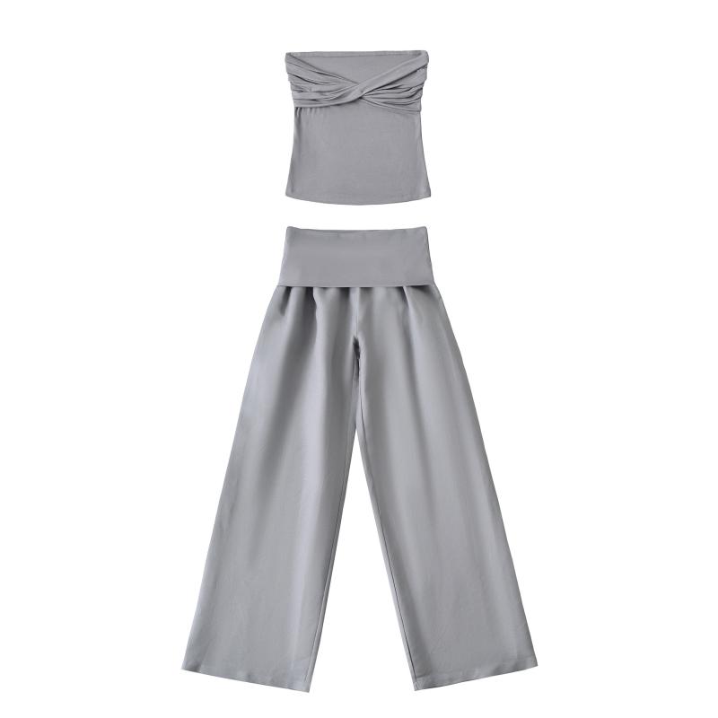 レディース トップス ツイスト 肩紐なし キャミソール ニット 長ズボン セットアップ 女性用 夏用 スリムフィット フラップ 麻 コットン ストレッチ 素材 白色 黒 グレー ブルー カーキ 長丈 タイプ 無地 柄 セクシー スタイル 私服 コーデ 日