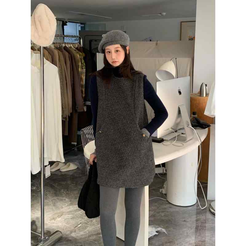 ワンピース レディース 韓国風 毛織 ウール ポリエステル 背心裙 ベストワンピース 秋冬 灰色 Uネック ノースリーブ 膝丈 ミディ丈 低ウエスト Aライン かわいい ガーリー|シャドーテール