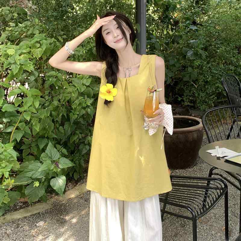 セットアップ レディース ノースリーブブラウス ワイドレッグパンツ 春夏 黄色系 リラックス ゆったり 2点セット 私服 かわいい