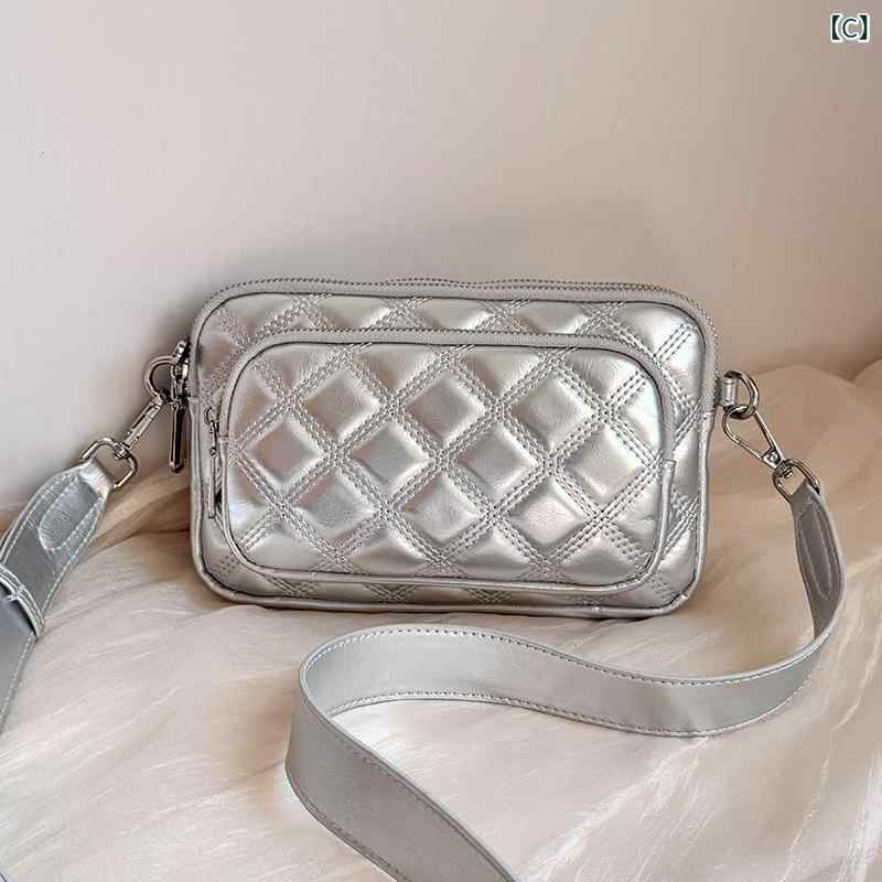 バッグ レディース 鞄 2way ショルダーバッグ 斜めがけ 小さめ ミニ PU レザー 菱格 チェーン 韓国 ファッション トレンド かわいい おしゃれ 旅行 お出かけ デート 米白色 黒色 銀色