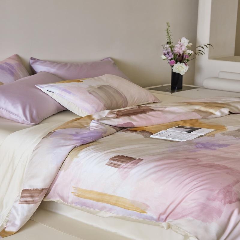 寝具 4点セット 60番手 再生繊維 レーヨン 天 Silk シルク風 ベッドシーツ 油絵風 涼感 接触冷感 なめらか 光沢 ピンク系 ブルー系