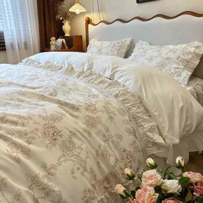 寝具 全棉 四点セット ベッドスカート式 レース 花柄 ベッドカバー 掛け布団カバー 枕カバー フリル付き 春夏秋冬