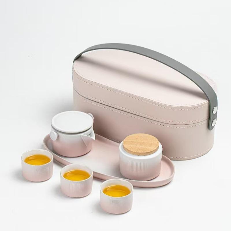 茶器セット 携帯用 ミニ 茶盤付き グラデーション ピンク系 陶器 ティーセット 中国風