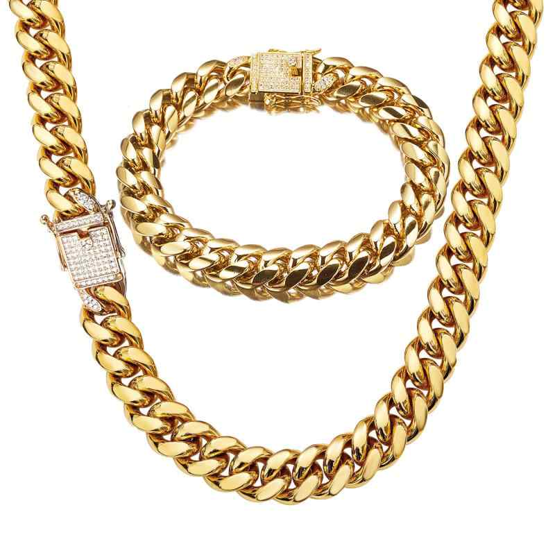 ネックレス メンズ ヒップホップ ロック 18K 金色 ホワイト ジルコニア チタン スチール ステンレス 喜平 チェーン ブレスレット 12mm