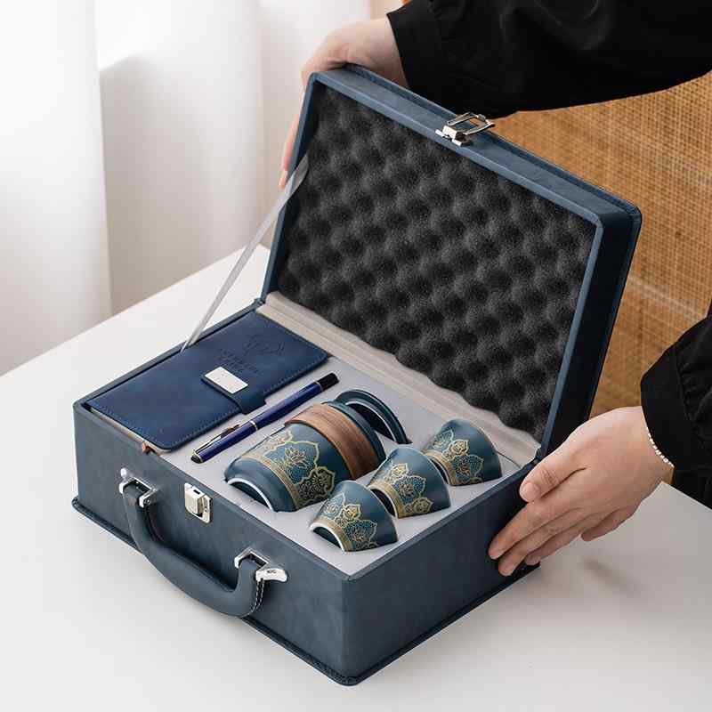 茶器 携帯型茶器セット 陶器 古韻堆花 ティーセット ビジネス 旅行用 ブルー ブラック ホワイト ギフト
