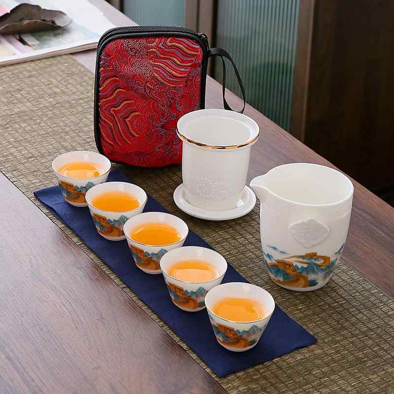 茶器 携帯用 ティーセット 急須 湯呑み セット 陶瓷 陶器 功夫茶 茶こし付き シンプル 万里江山 祥雲騰龍 無地 白 羊脂玉
