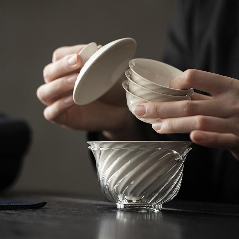 茶器 草木灰 螺旋紋 蓋碗 三杯 セット 携帯用 旅行 茶道具 陶器 快客杯 ティーセット