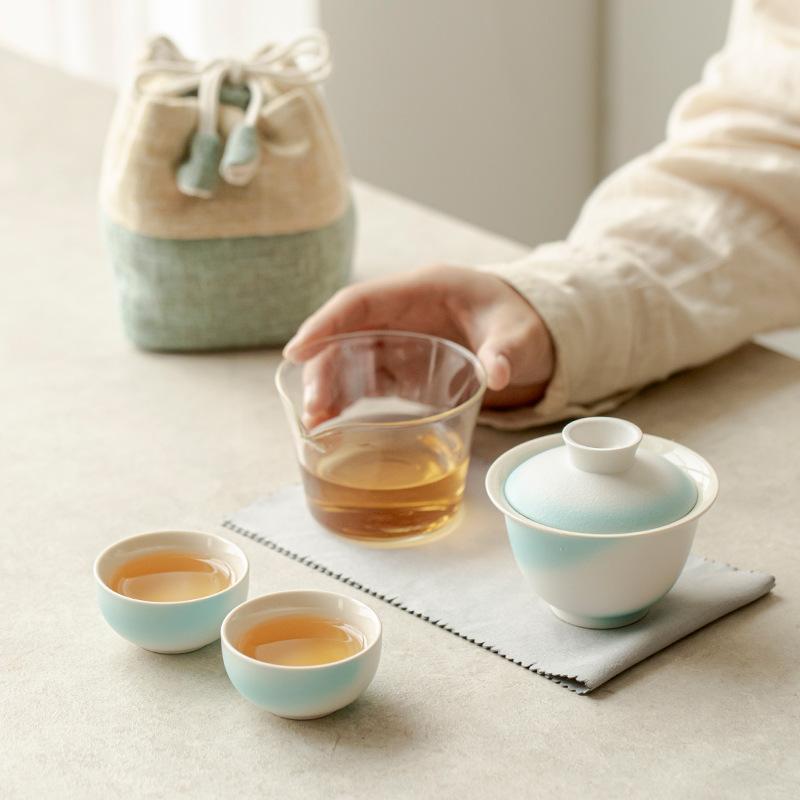 茶器 携帯用茶器セット 陶器 急須 湯呑み セット 収納袋付き 中国風 和風 アウトドア