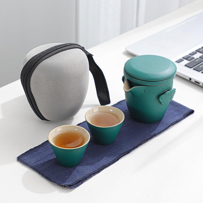 茶器セット メンズ レディース 陶器 粗陶 ティーセット 携帯用 ミニ ポータブル 湯呑み 急須 2客 おしゃれ かわいい ブラック ブルー グリーン レッド