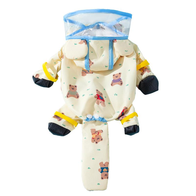犬用レインコート かわいい小熊柄プリント 四脚フルカバー 繋ぎ 防水 ペットウェア テディ ビション 小型犬