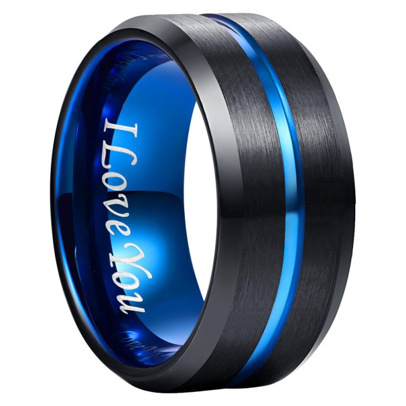 指輪 メンズ I Love You 刻印入り タングステン ブラック & ブルー U字 電気メッキ 4mm 6mm 10mm 幅 黒青