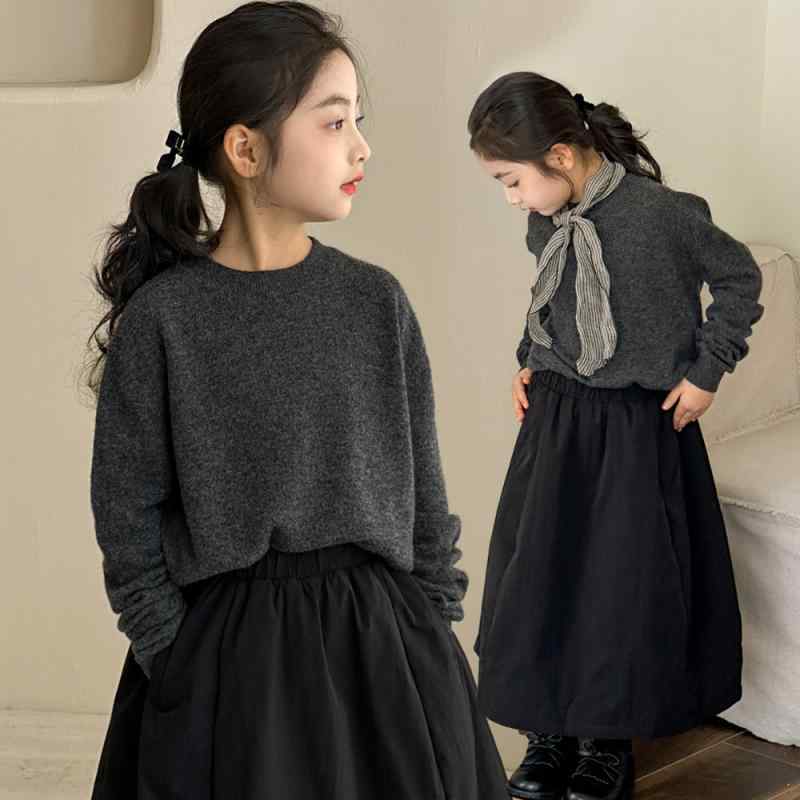 ニット・セーター ガールズ 子供服 秋冬 保温 ウール混紡 セーター トップス 丸首 プルオーバー 普段着 かわいい 韓国風 グレー