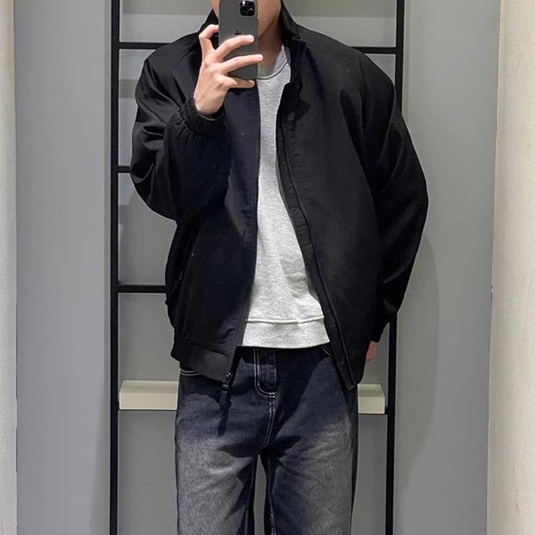 ジャケット メンズ スタンドカラー ブルゾン 接触冷感 ポリエステル 春秋 普段使い 徽章付き コーヒー色 ブラック