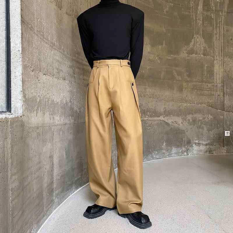 カジュアルパンツ 男性用 厚手 ストレート ズボン 秋冬 韓国風 無地 ウエストベルト 飾り ロングパンツ カーキ ブラック